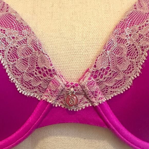 VICTORIA'S SECRET Pink Lined Perfect Coverage Bra Solid Lace Womens 32D - Picture 4 of 6
